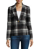 Peak-Lapel Plaid Blazer with Leather Trim