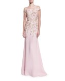 Off-the-Shoulder Floral-Beaded Gown, Pale Pink