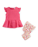 Cotton Twill Peplum Top w/ Floral Jersey Leggings, Active Pink, Size 9-24 Months