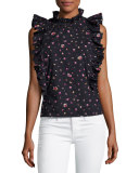 Mia Floral-Print Sleeveless Ruffle Top, Navy