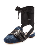 Denim/Ribbon Ankle-Wrap Slide Flat, Bleu