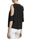 Silk Cold-Shoulder Ruffle-Trim Top