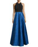 Sleeveless Ponte & Taffeta Combo Gown, Black/Royal