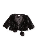 Faux-Fur Bolero w/ Pompoms, Black, Size 7-16