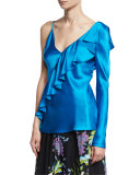 Satin Asymmetric Ruffle Blouse, Turquoise