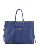 Papier A4 Side-Zip Leather Tote Bag, Bleu