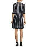 Half-Sleeve Scoop-Neck Striped Knit Dress, Black Pattern