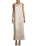 Lucia High-Slit Metallic Plissé Maxi Tank Dress, Gold