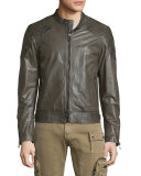Lightweight Leather Jacket W/Quilted Panels, Combat Green