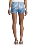 Shella Drawstring-Waist Embroidered Shorts, Ecru/Blue