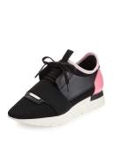 Mixed-Media Leather Lace-Up Sneaker, Black/Pink