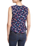 Sleeveless Floral Sakura Peplum Top, Navy