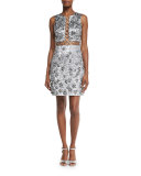 Sleeveless Floral-Appliqué Metallic Dress, Silver
