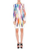 Long-Sleeve Intarsia Sheath Dress, White Multi
