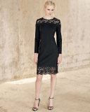 Long-Sleeve Lace-Inset Sheath Dress, Black Lace