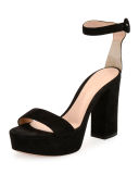 Suede Platform Ankle-Wrap Sandal, Black