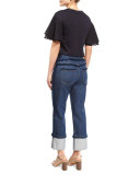 Cuffed Raw-Edge Stretch Jeans, Dark Navy