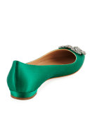Hangisi Crystal-Buckle Satin Flat, Emerald