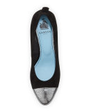 Suede Cap-Toe Wedge Pump, Black/Silver