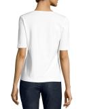 Short-Sleeve V-Neck Stretch-Cotton Top w/ Chain Detail