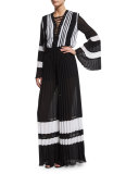 Long-Sleeve Pleated Lace-Up Blouse, Black/White