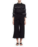Odea Paperbag-Waist Wide-Leg Twill Pants, Black