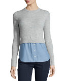 Cati Wool Shirttail Combo Sweater, Gray/Blue