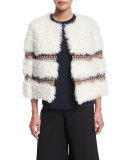 Cropped Kalgan Lamb Fur Jacket w/ Embroidered Trim, Ivory