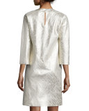 3/4-Sleeve Metallic-Spiral Sheath Dress, Gold