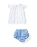 Sleeveless Embroidered Poplin Top w/ Striped Bloomers, White, Size 6-24 Months