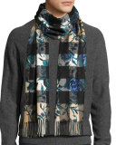 Large Peony Flower Mega Check Cashmere Scarf, Ink