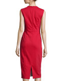 Sleeveless Pleated-Waist Sheath Dress, Red