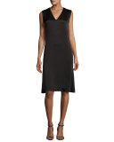 Sleeveless V-Neck Satin Shift Dress, Black