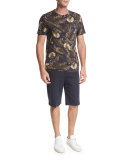 Leaf-Print Crewneck Pima Cotton T-Shirt, Navy