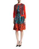 Mixed-Media Fit-&-Flare Dress, Teal/Poppy