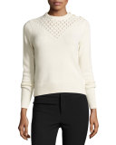 Pointelle-Yoke Pullover Sweater, Ecru