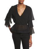 Tiered-Sleeve V-Neck Top, Black