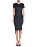 Denim Short-Sleeve Crewneck Sheath Dress, Indigo Blue