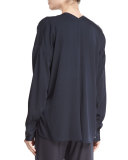 Crossover Long-Sleeve Stretch-Silk Top, Coastal Blue