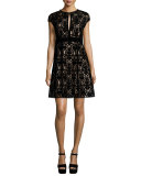 Cap-Sleeve Lace Keyhole Cocktail Dress, Black