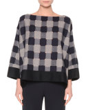 Bateau-Neck Check Top, Navy/Gray