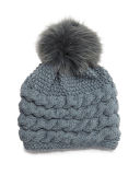 Cashmere Cable-Knit Beanie Hat w/Fur Pom Pom