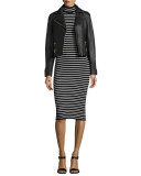 Mock-Neck Striped Ribbed-Knit Dress, Black