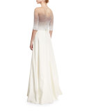 Ombre Sequined Half-Sleeve Ball Gown, Iris/White