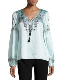Long-Sleeve Embroidered Silk Satin Top, Blue/Black