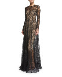 Long-Sleeve Floral-Lace Gown, Black