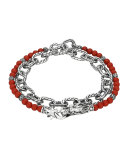Double Wrap Silver Link Bracelet with Coral