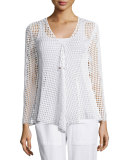 Rhonda Long-Sleeve Crochet Tunic Sweater, White