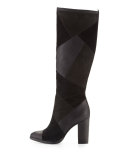 Claude Patchwork Knee Boot, Black/Multi