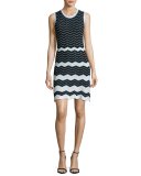 Sleeveless Scoop-Neck Zigzag Dress, Black